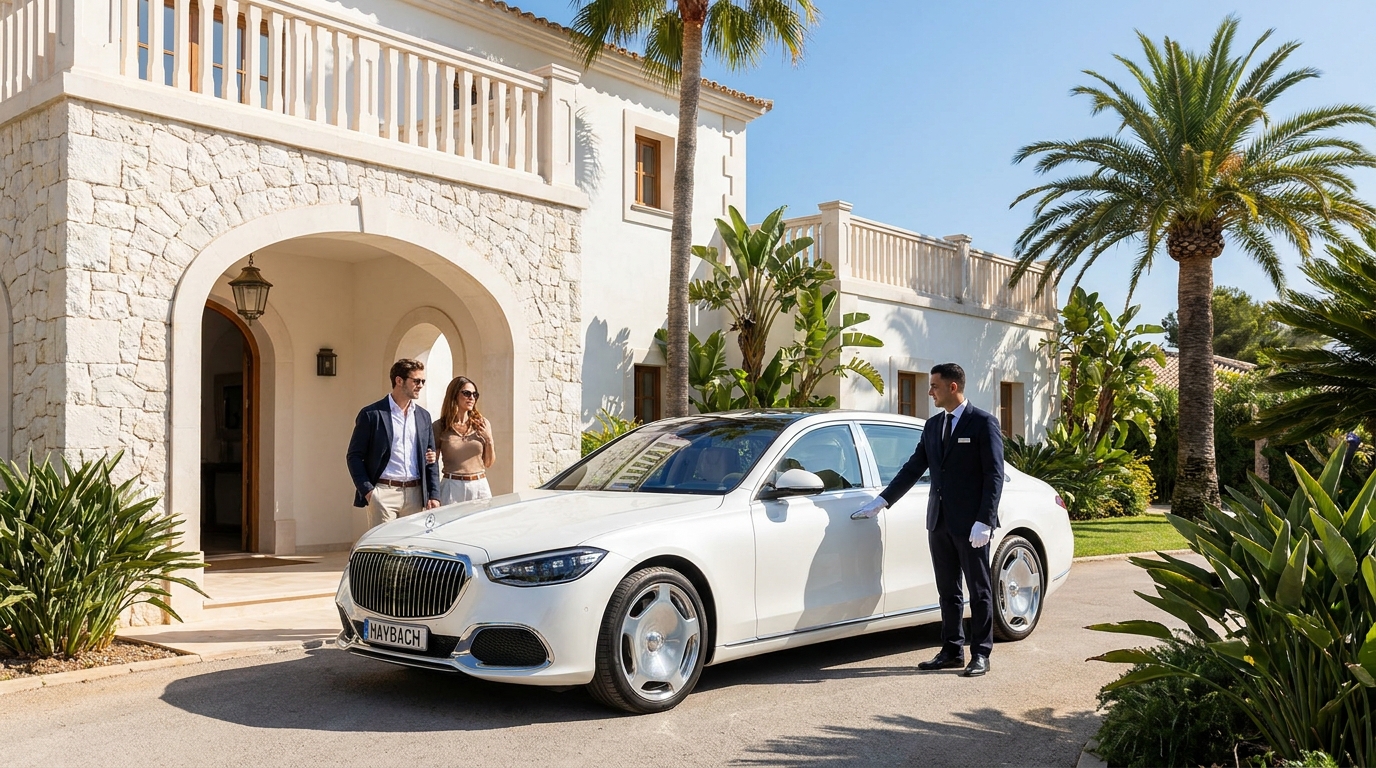 Chauffeur beside a white luxury sedan at a coastal villa