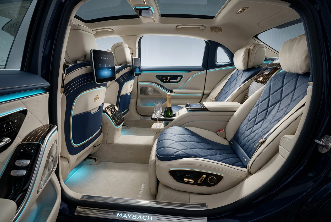 Illuminated rear cabin of a chauffeured luxury sedan